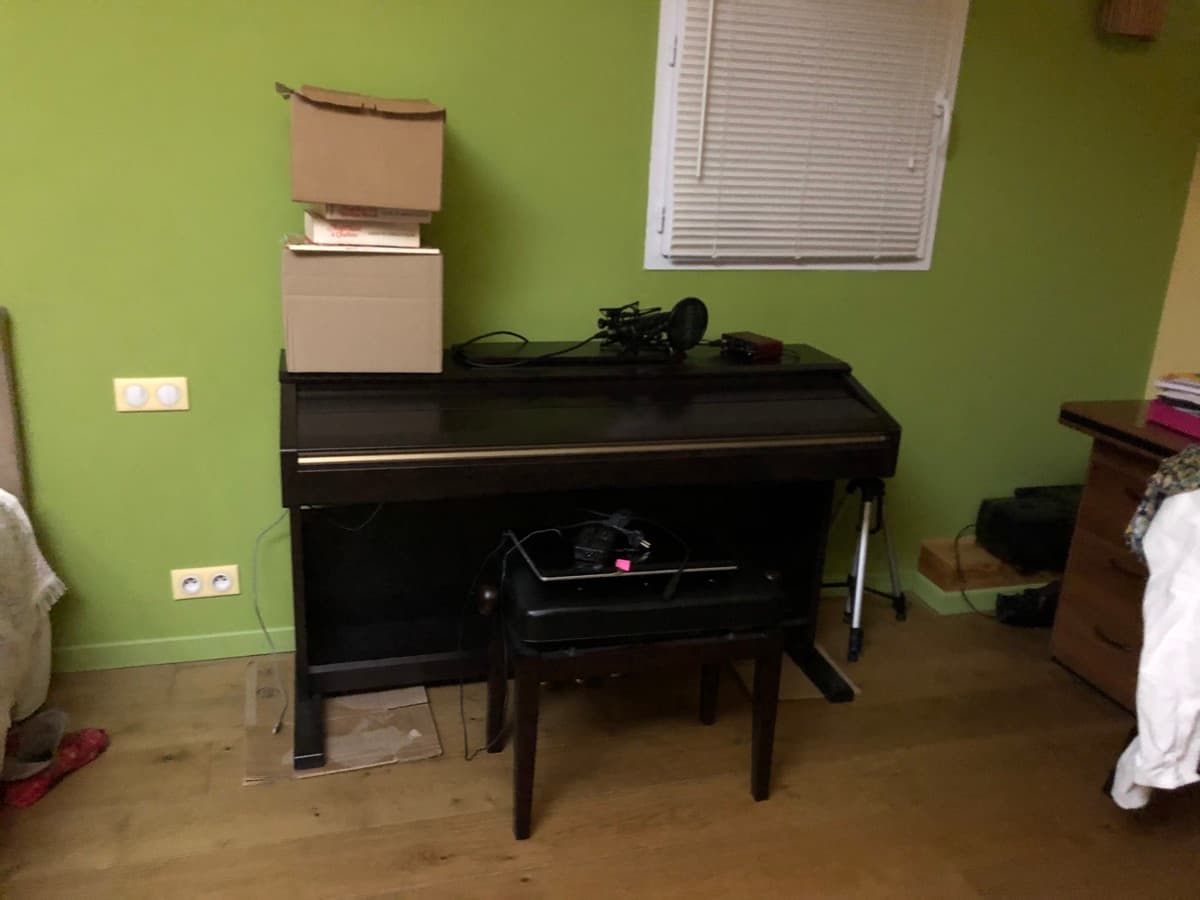 Home studio — piano + mic + green wall